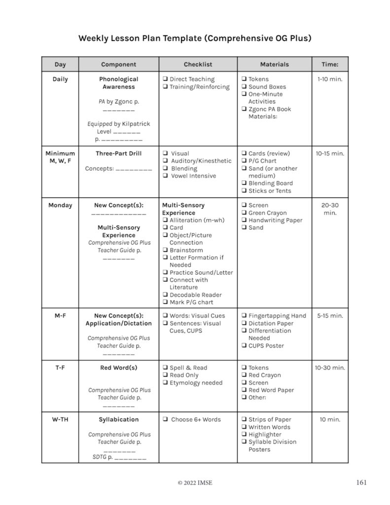 Comprehensive OG Weekly Lesson Plan Template OG Support